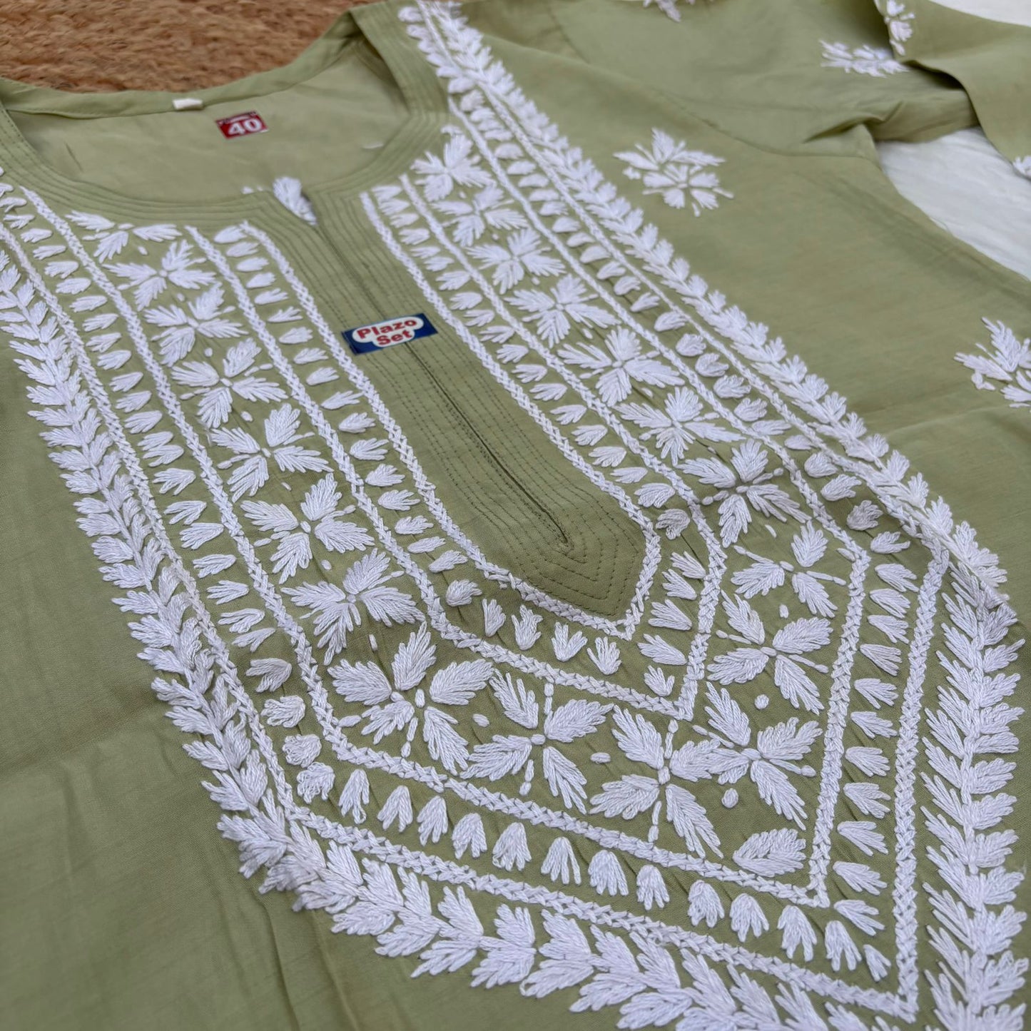 Afana Silk Chikankari Kurti Plazo set Pista Colour