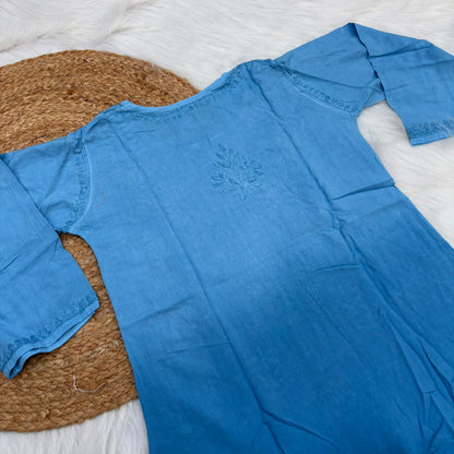Sofia Ombre Shaded Soft Rayon Chikankari Short Kurti - Sky Blue Colour - Chikankaar