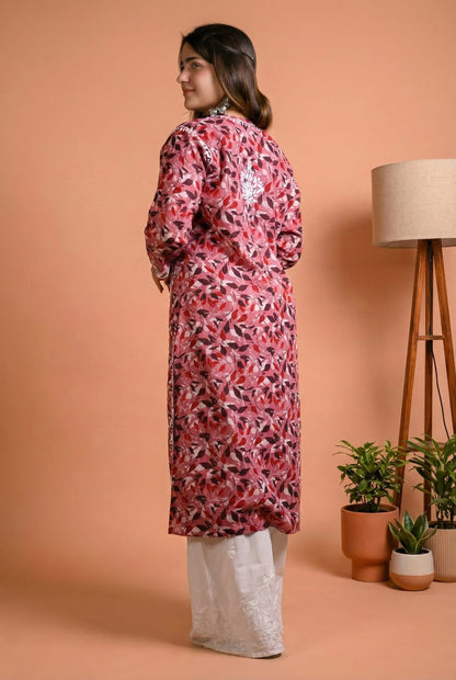 Emaya Pure Mulmul Chikankari  Handwork Kurti - Cherry Colour
