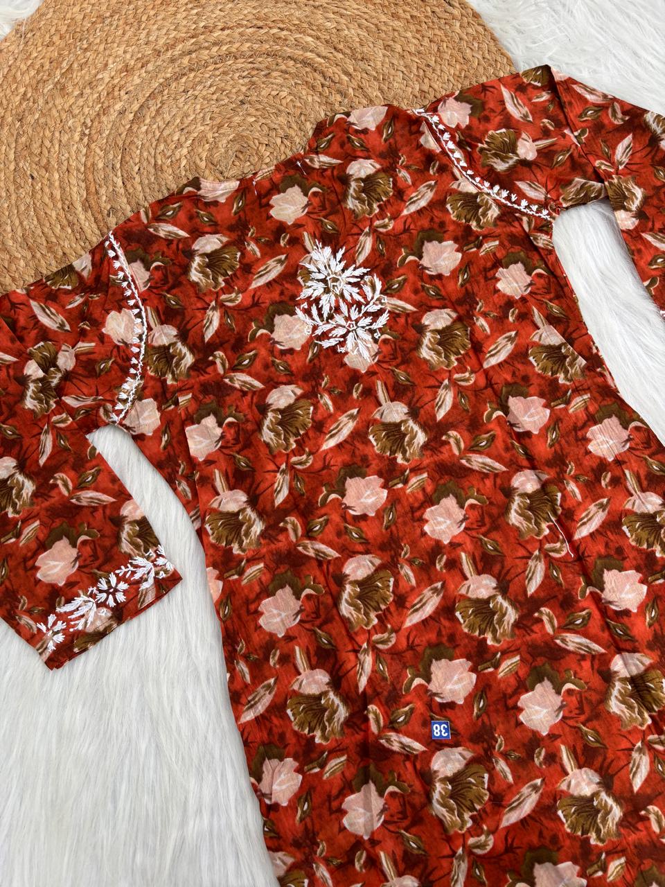Elena Mulmul Cotton Handwork Chikankari Kurti Set - Terracotta Colour