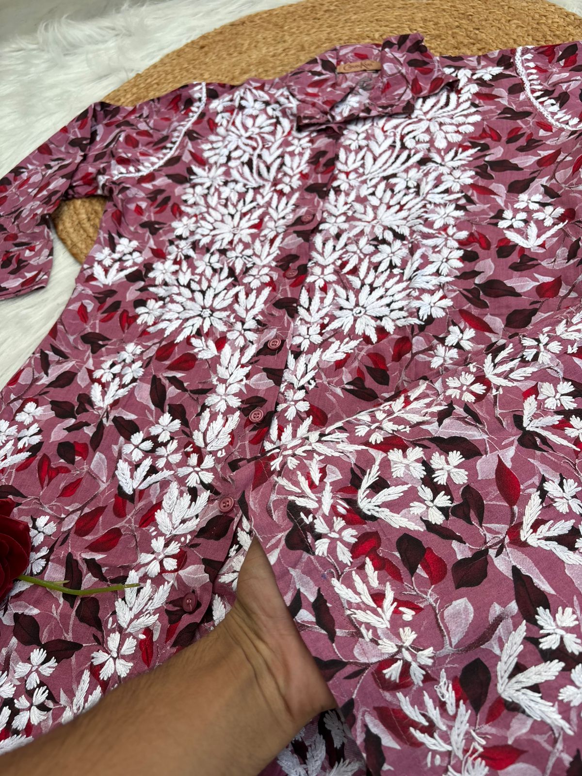 Mulmul Cotton Lucknowi Chikankari Coord Set - Cherry Colour