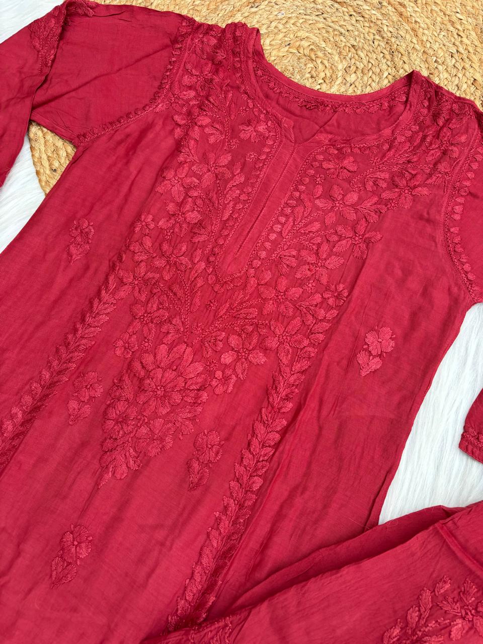 Nadia Muslin Lucknowi Chikankari Kurti Pant Set -  Brick Red Color