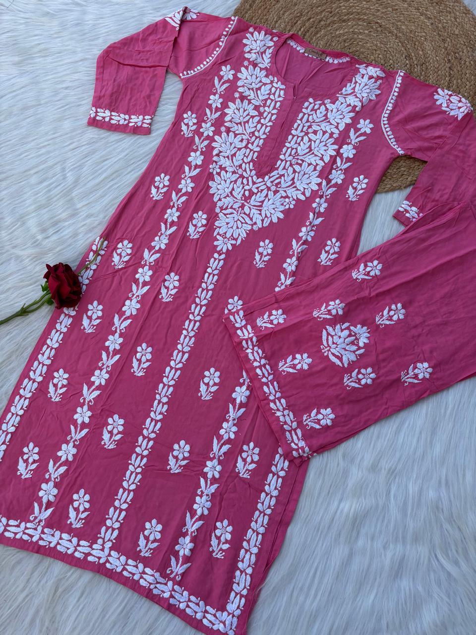 Samara Rayon Handwork Chikankari Kurti Plazo Set - Dark Pink Colour