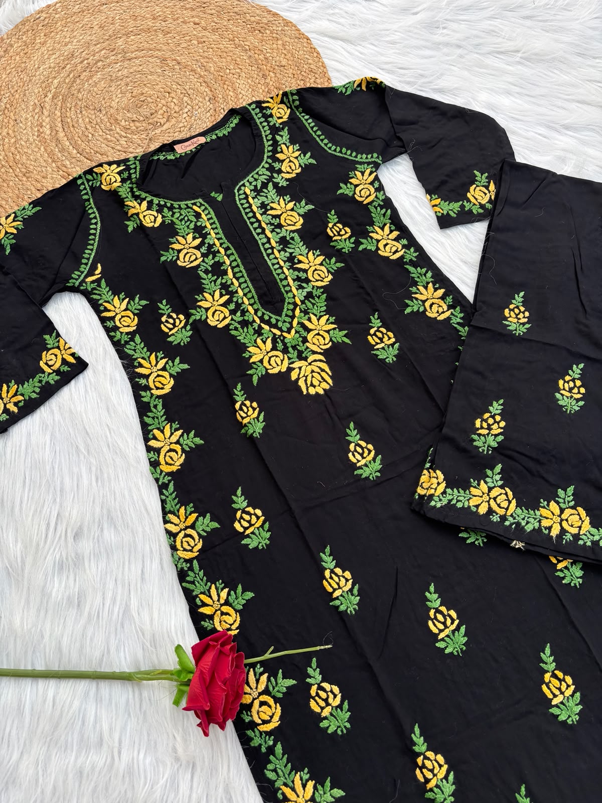 Sabah Rayon Handwork Chikankari Kurti Set - Yellow Colour