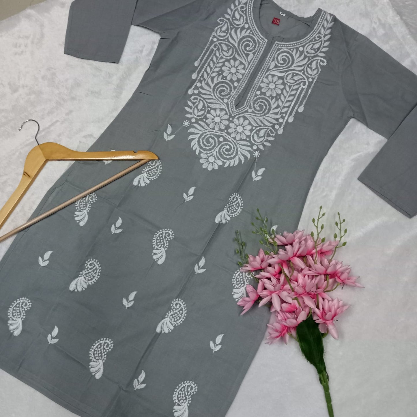 Cotton Machine Work Chikankari Kurti -  Grey Colour