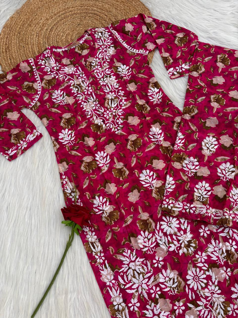 Elena Mulmul Cotton Handwork Chikankari Kurti Set - Rani Colour
