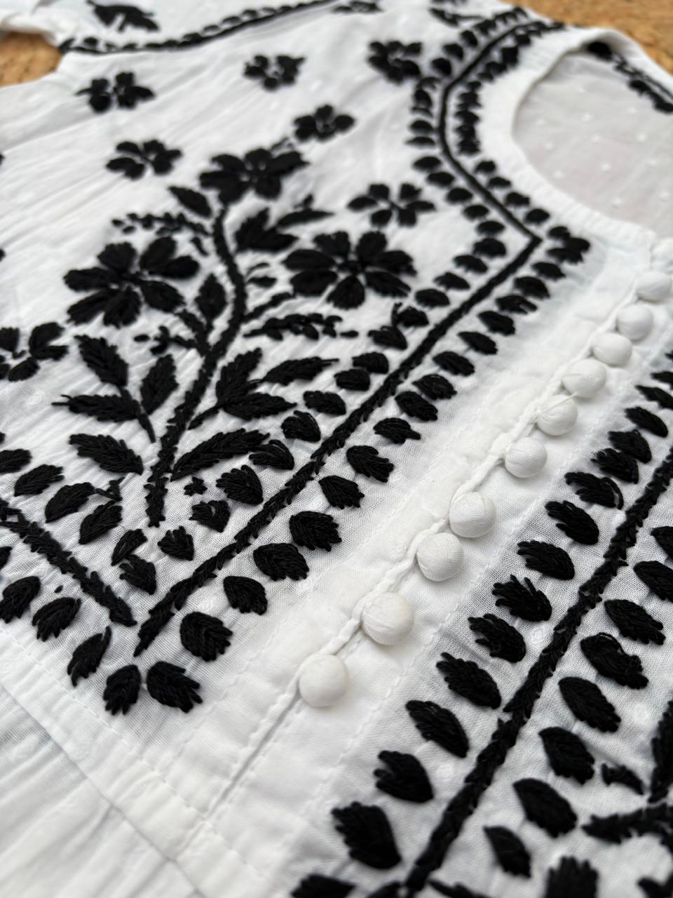 Sonakshi Soft Cotton Lucknowi Chikankari Handwork Kurti (With Pockets) - White Black Color