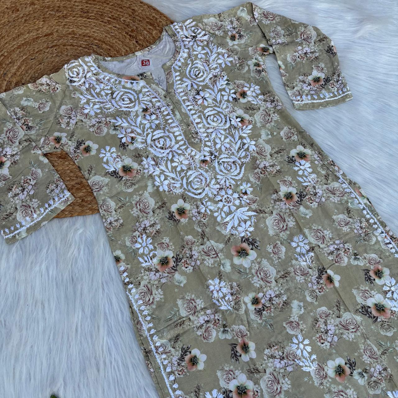 Hina Rayon Rose work Lucknowi Chikankari kurti - Pista Colour