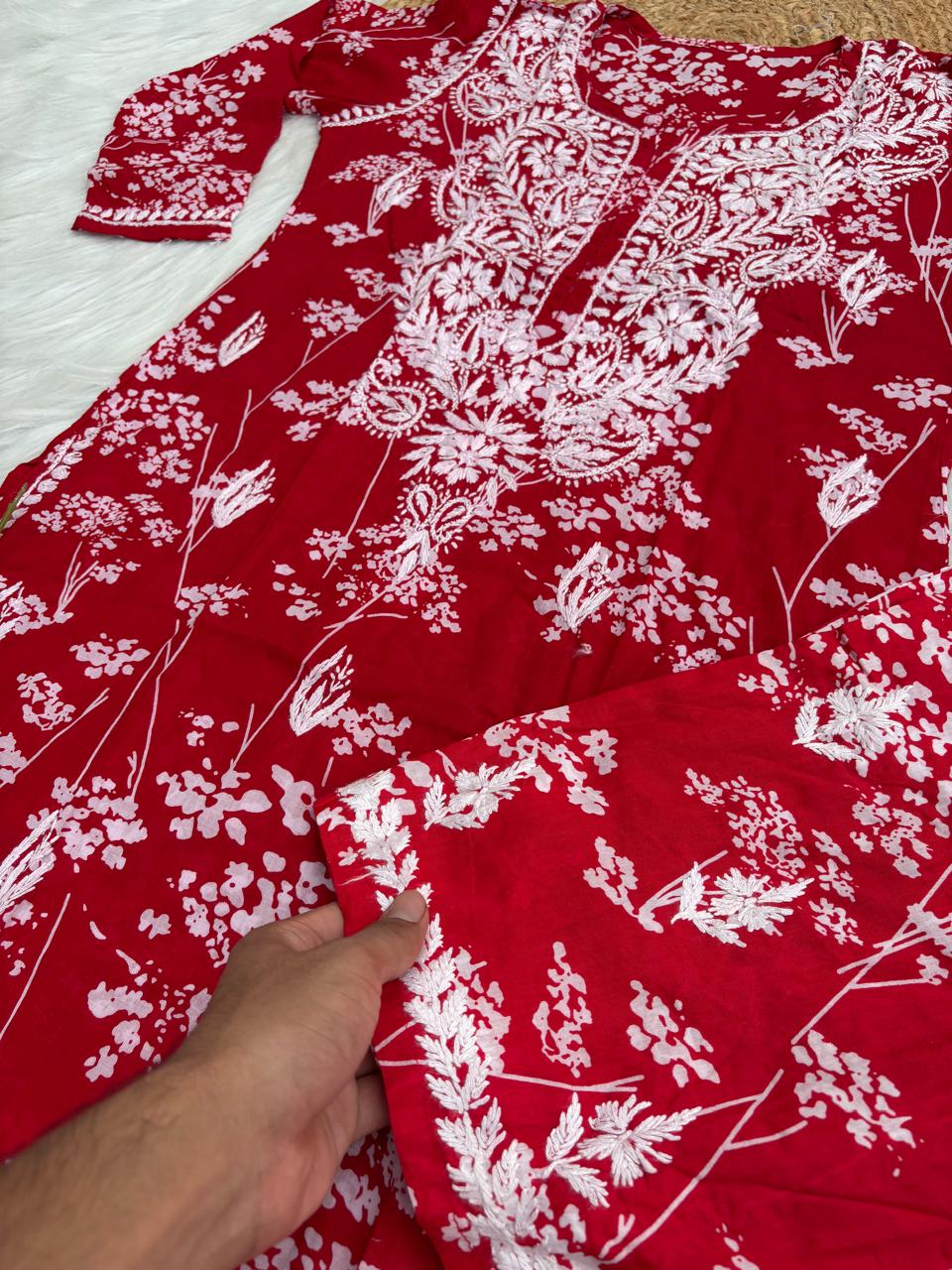 Jiya Mulmul Cotton Handwork Chikankari Kurti Set - Red Colour