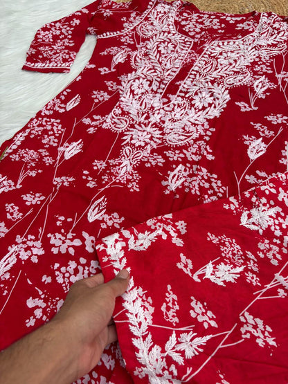 Jiya Mulmul Cotton Handwork Chikankari Kurti Set - Red Colour