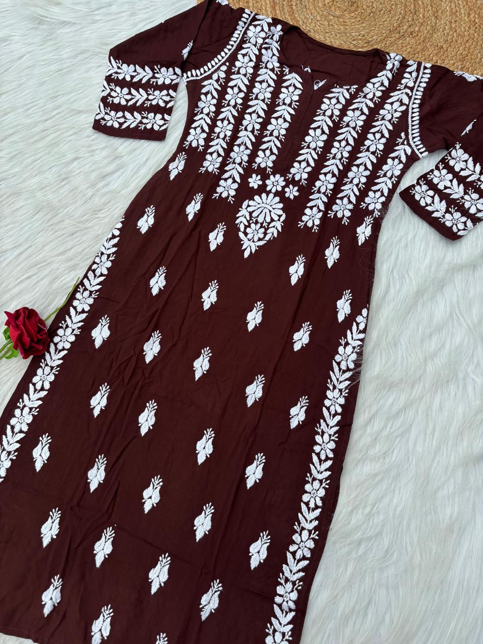 Zoobia Soft Rayon Handwork Chikankari Kurti - Brown Colour