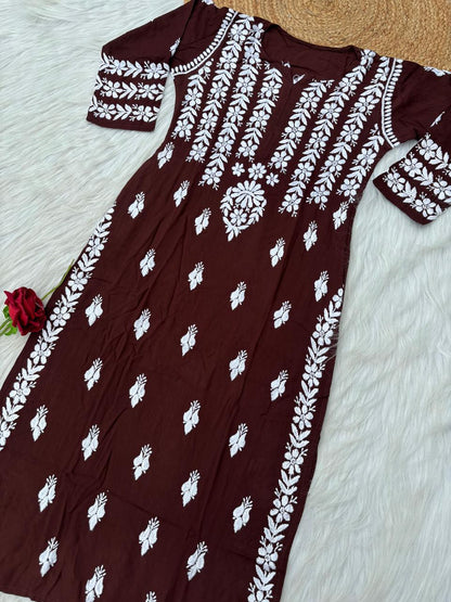 Zoobia Soft Rayon Handwork Chikankari Kurti - Brown Colour