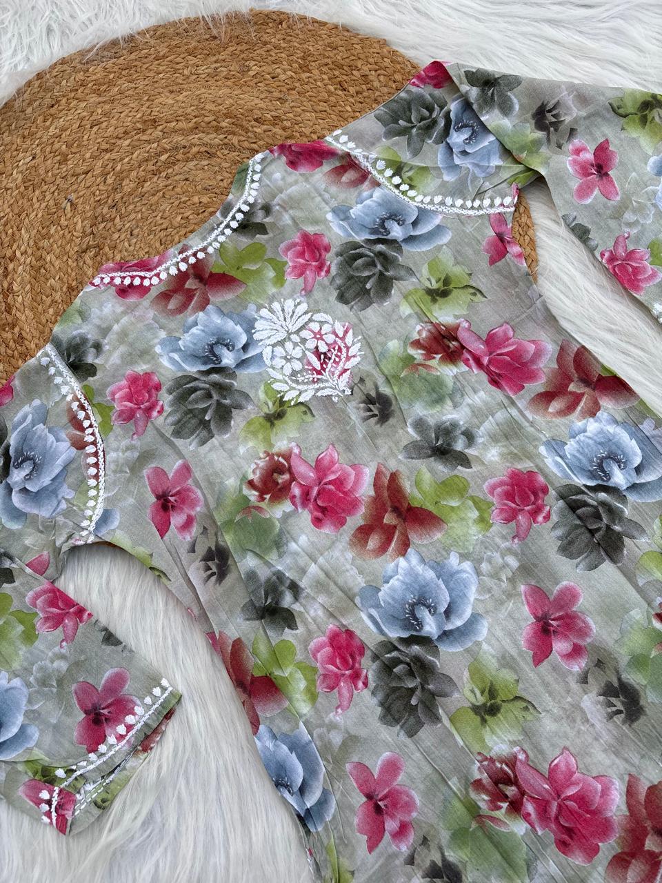 Najma Pure Mulmul Chikankari Handwork Kurti - Parrot Green Colour