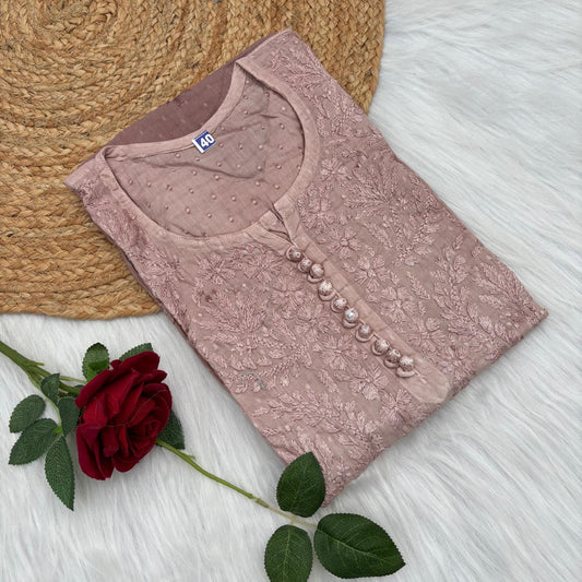 Farah Ombre Shaded Dobby Cotton Chikankari Kurti - Brown colour
