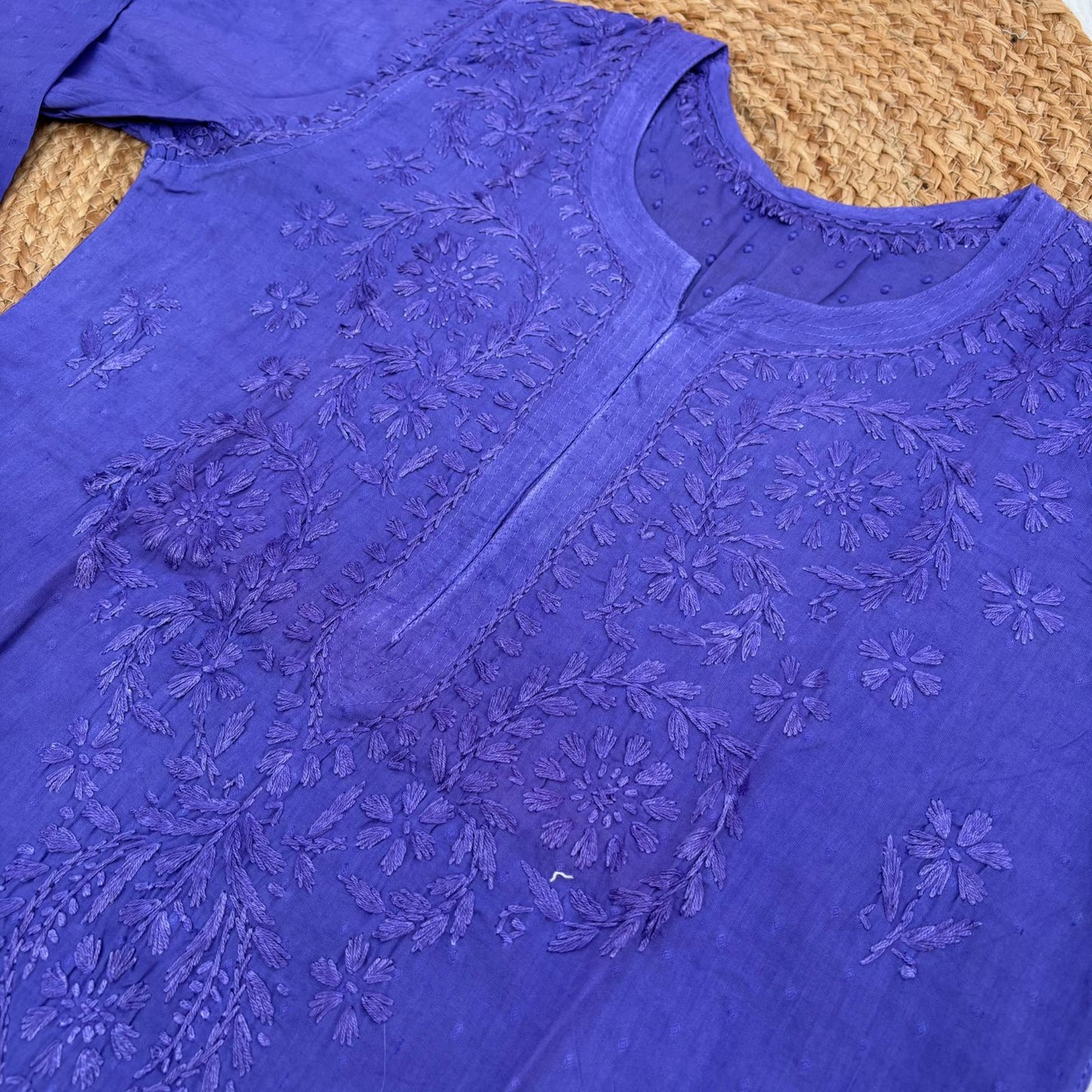 Tuba Ombre Shaded Dobby Cotton Chikankari Kurti - Purple Colour