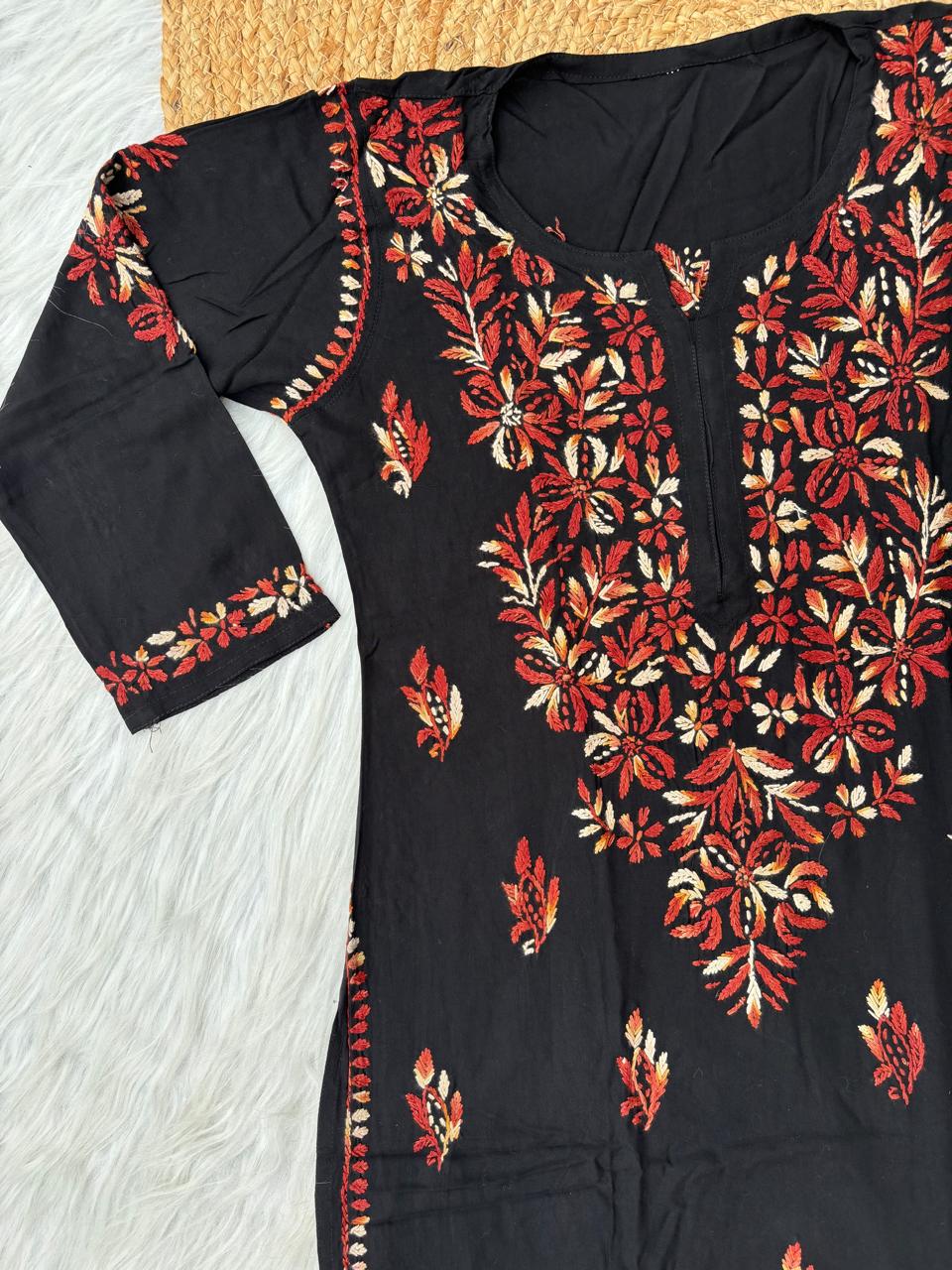 Shefrin Soft Rayon Lucknowi Handwork Chikankari Kurti - Brown Colour