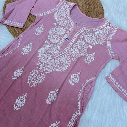 Isha Slub Cotton Chikankari Kurti - Blush colour