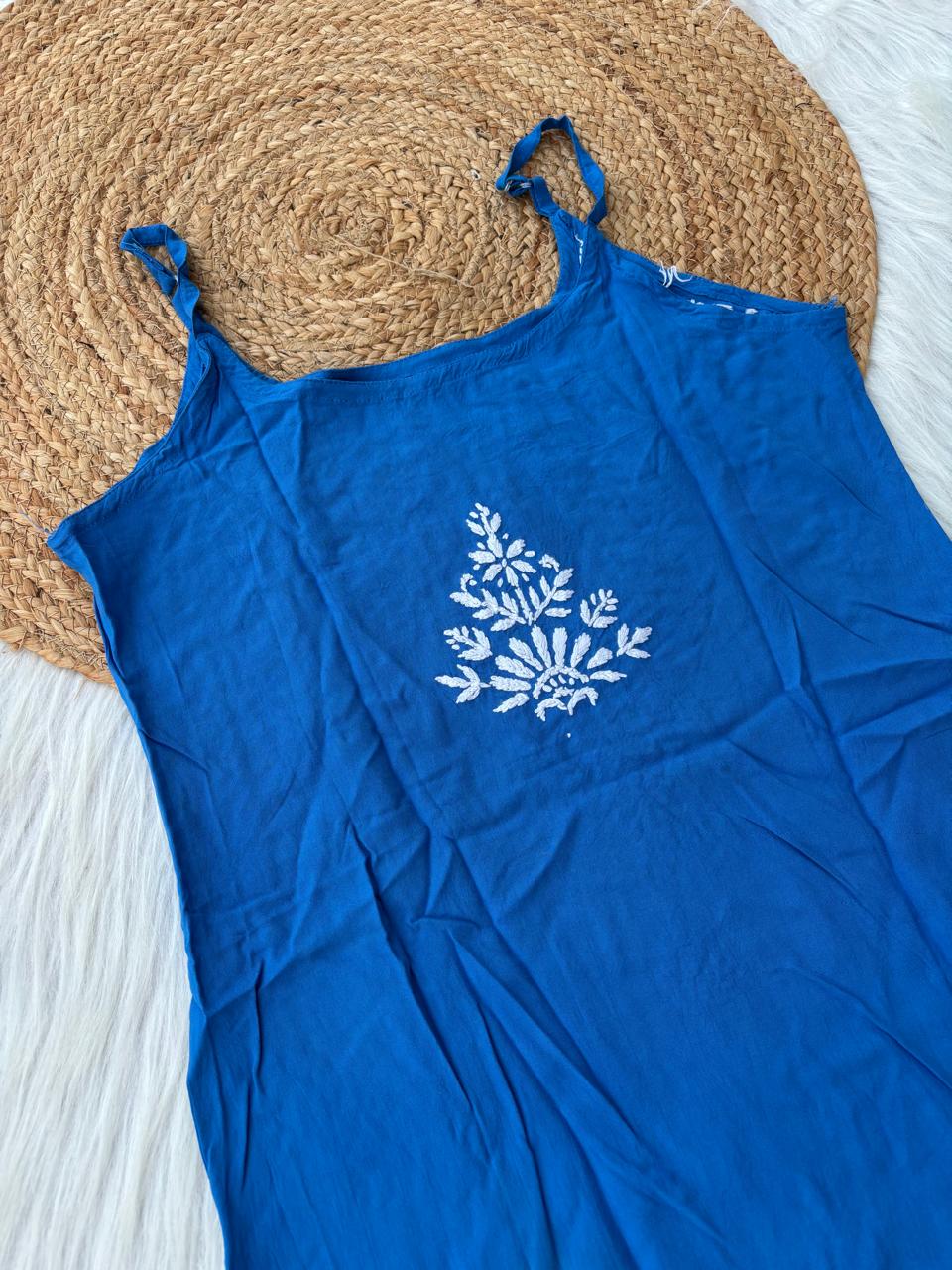 Ayla Rayon Handwork Chikankari Noodle Strap Short Kurti - Blue Colour