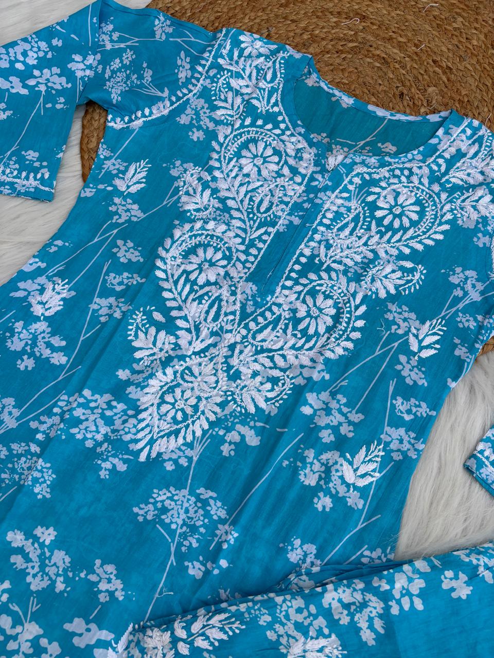 Jiya Mulmul Cotton Handwork Chikankari Kurti Set - Blue Colour