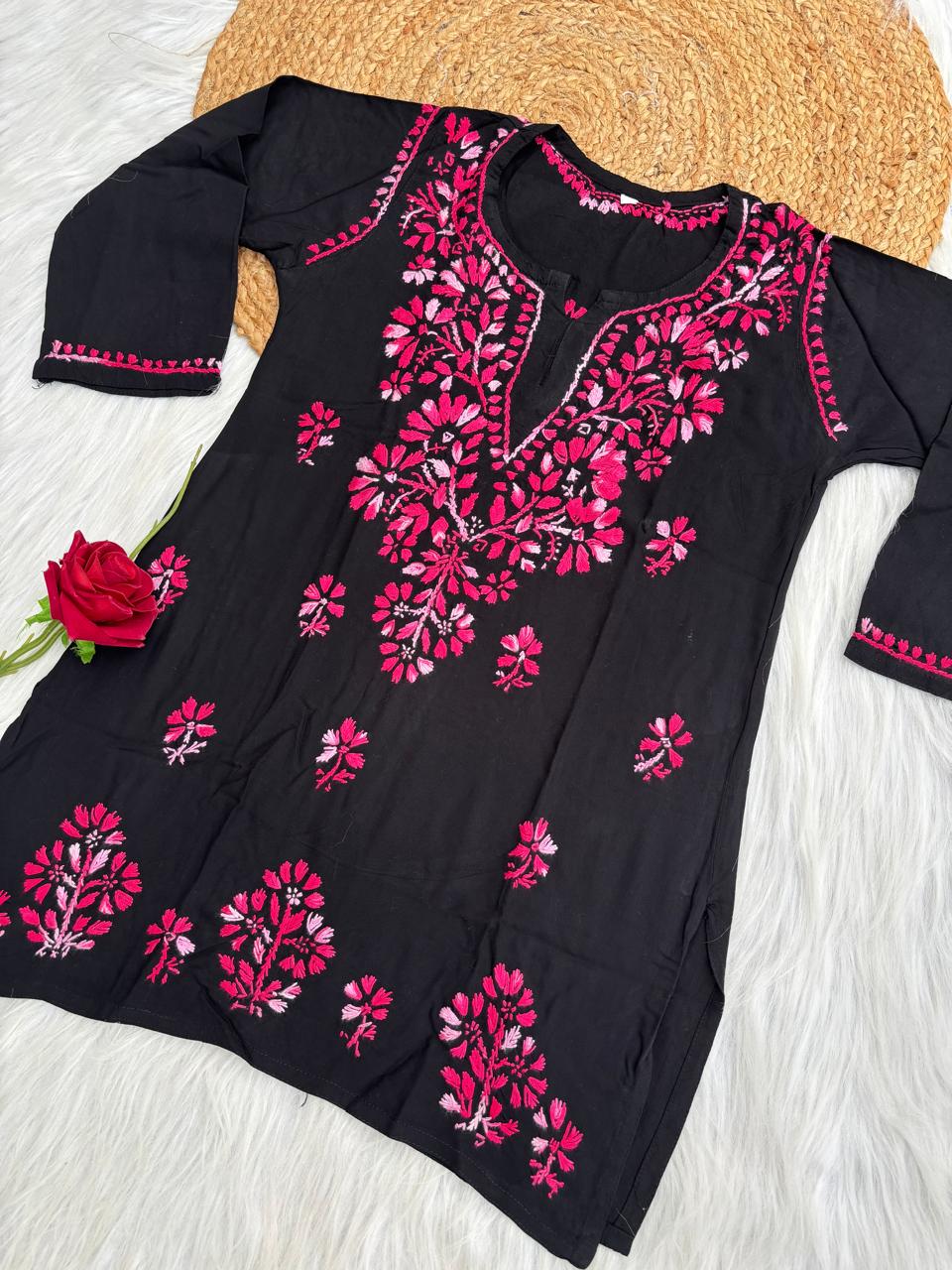 Mahek Soft Rayon Handwork Chikankari Short Kurti- Pink Colour