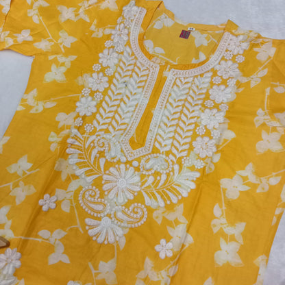 Mulmul Cotton Chikankari Machine Work Kurti - Yellow Colour