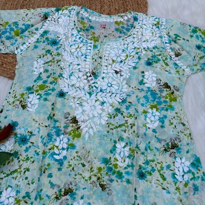 Nura Pure Mulmul Cotton Short Kurti - Sea Green Colour - Chikankaar