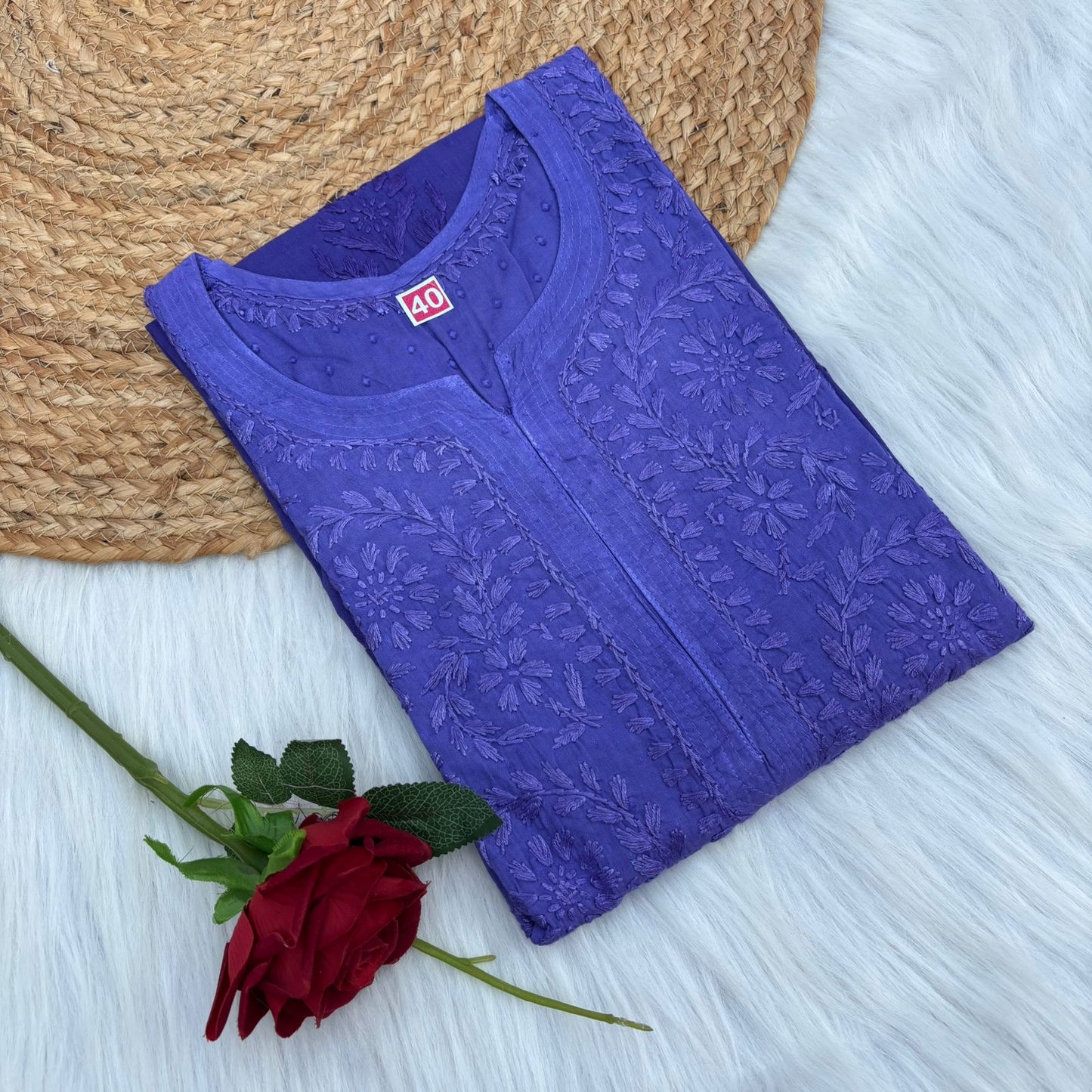 Tuba Ombre Shaded Dobby Cotton Chikankari Kurti - Purple Colour