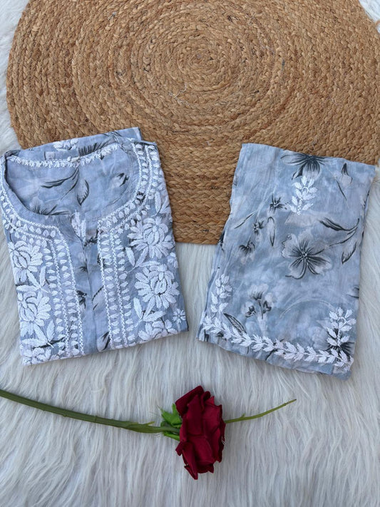 Shazia Mulmul Cotton Chikankari Kurti Set - Grey Colour