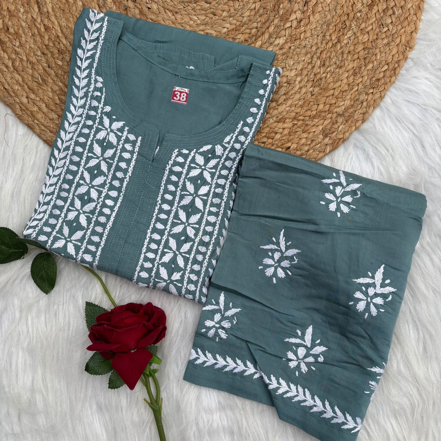 Afana Silk Chikankari Kurti Plazo set T Green Colour