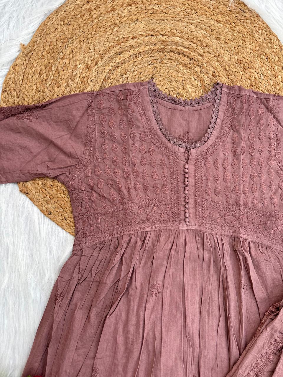 Laila Dobby Cotton Frock Style Short Kurti with Afghani Pant - Brown Color