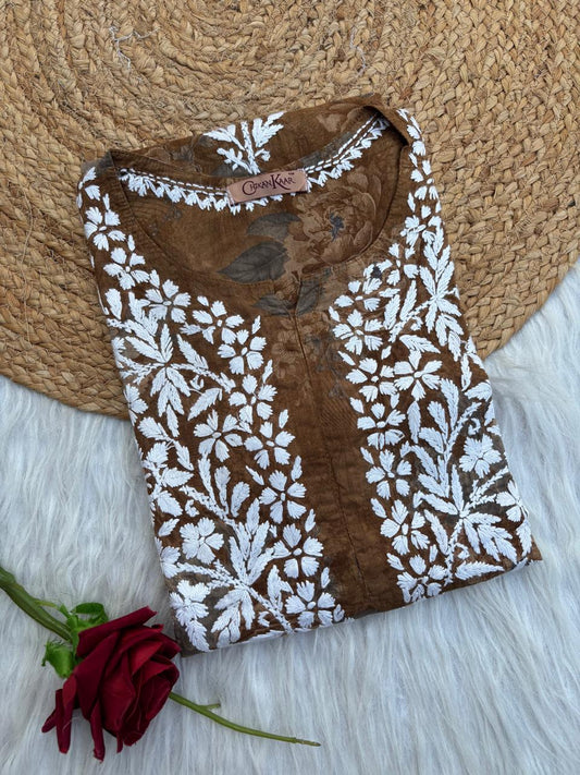 Zaina Pure Mulmul Chikankari Handwork Kurti - Mustard Colour