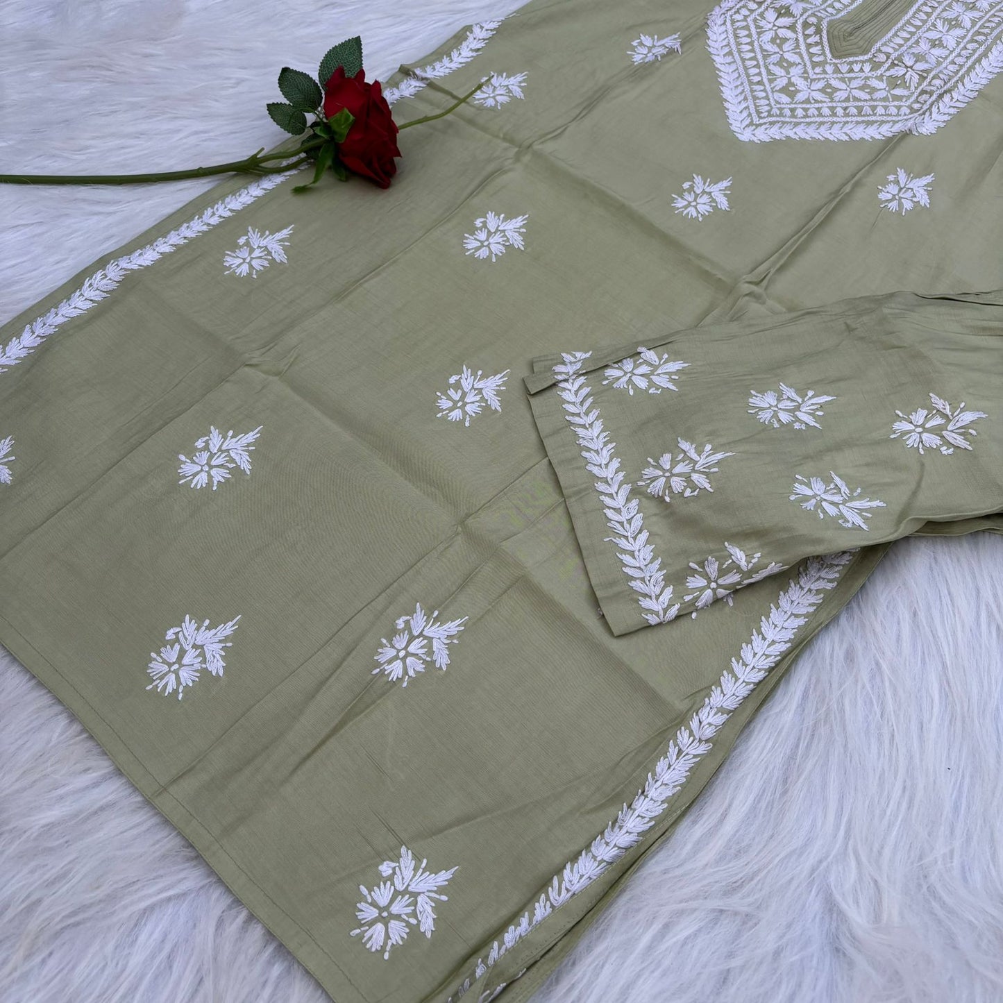 Afana Silk Chikankari Kurti Plazo set Pista Colour