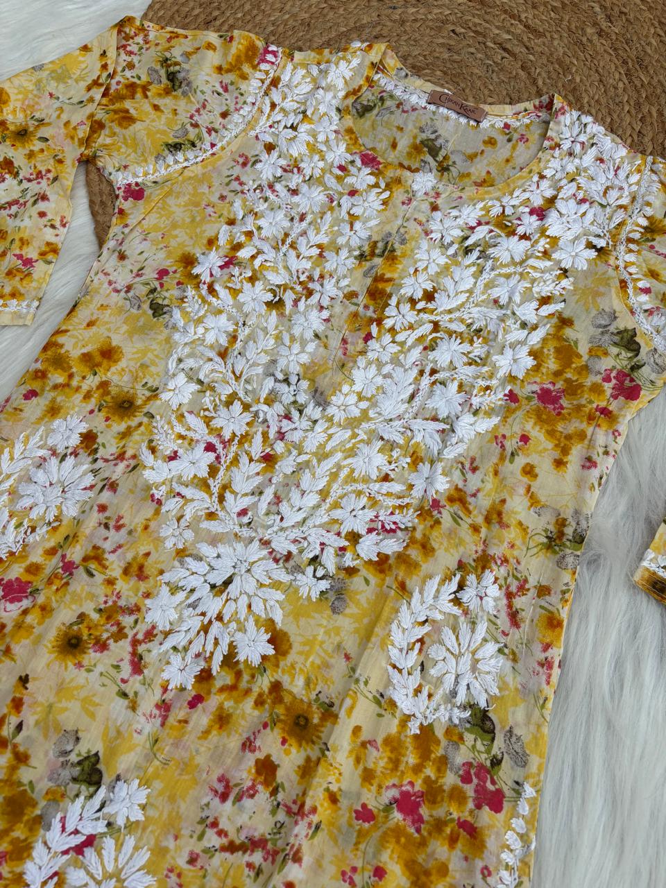 Fatima Pure Mulmul Chikankari  Handwork Kurti - Yellow Colour
