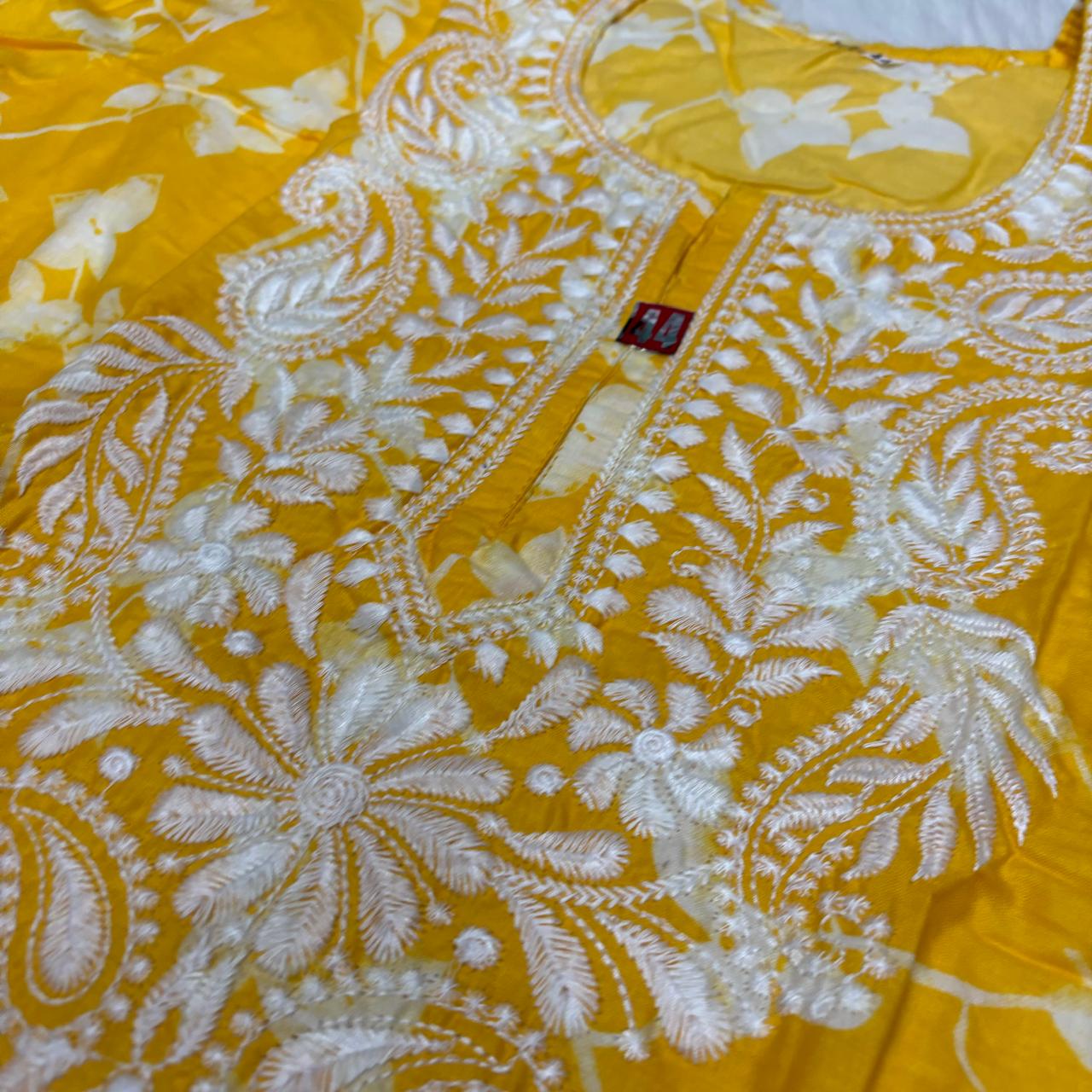 Mulmul Cotton Chikankari Machine Work Kurti - Yellow Colour