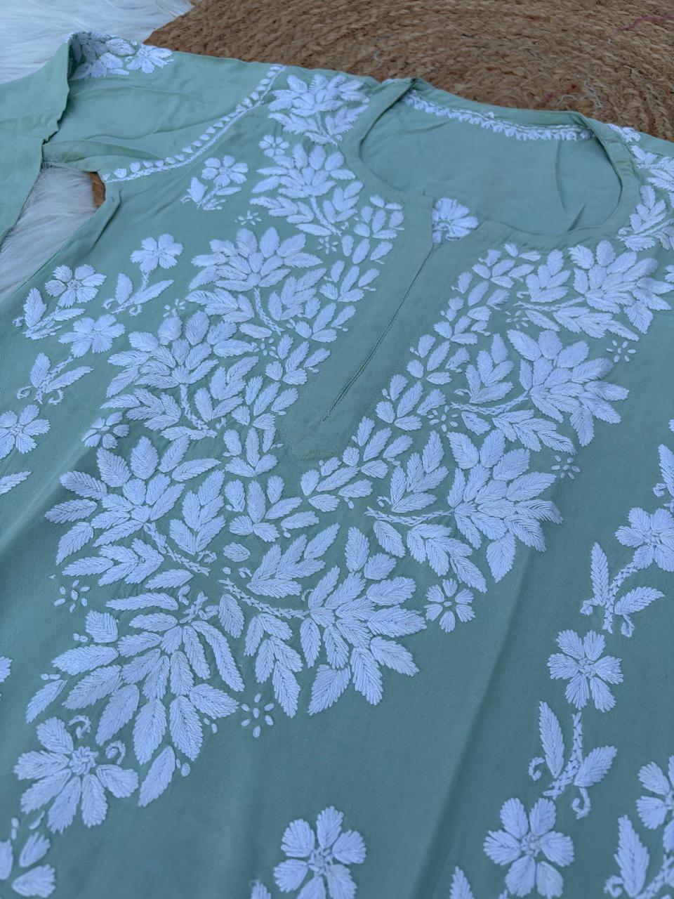 Samara Rayon Handwork Chikankari Kurti Plazo Set - Pista Green Colour