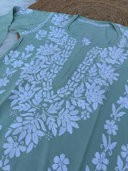 Samara Rayon Handwork Chikankari Kurti Plazo Set - Pista Green Colour