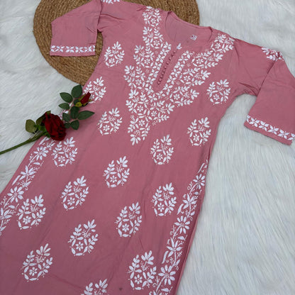 Ameena Soft Rayon Chikankari Kurti - Peach Colour