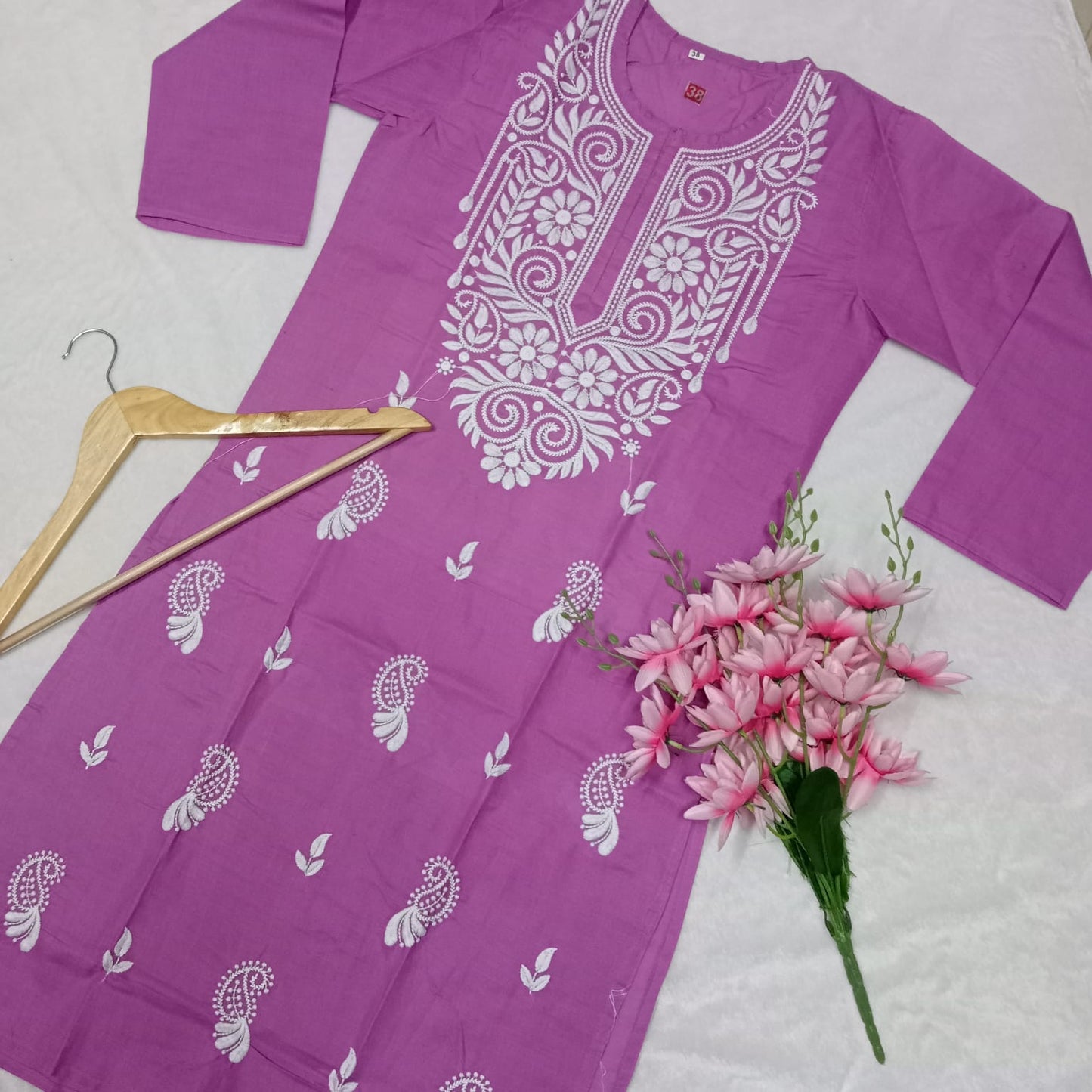 Cotton Machine Work Chikankari Kurti -  Fuchsia Colour