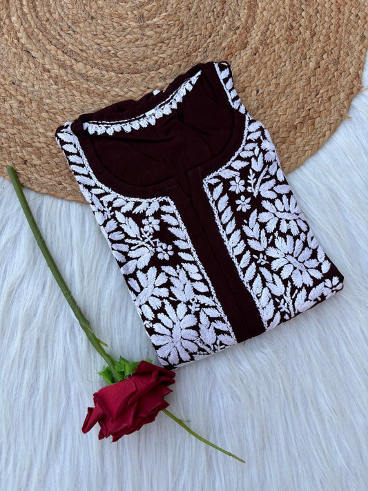 Hiba Soft Rayon Handwork Chikankari Kurti - Brown Colour