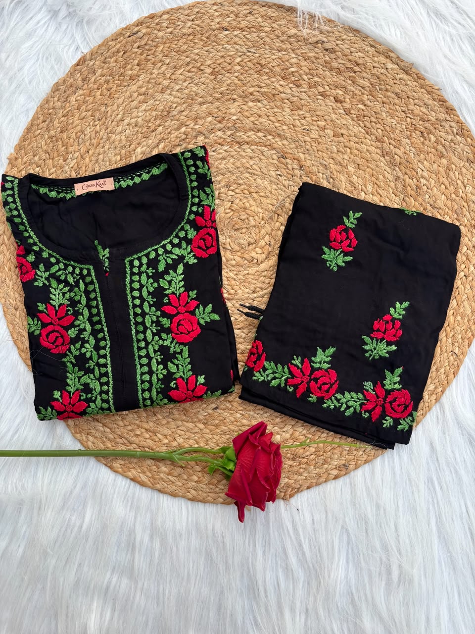 Rayon Handwork Chikankari Kurti Set - Red Colour