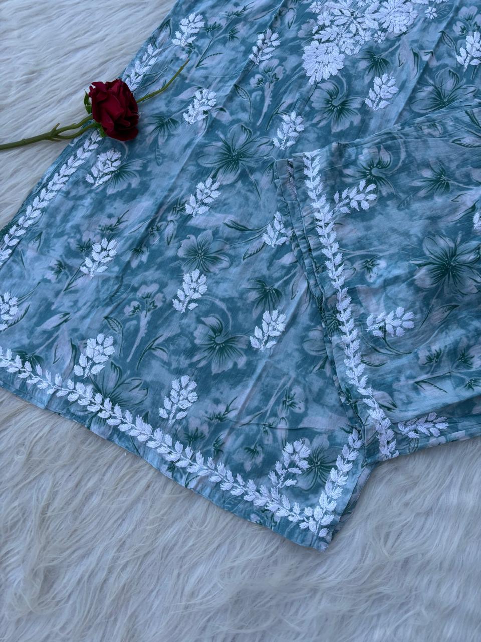 Shazia Mulmul Cotton Chikankari Kurti Set -Dark Grey Colour