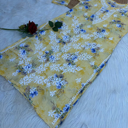 Rasha Pure Mulmul Chikankari Kurti - Yellow Colour
