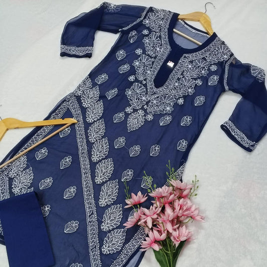 GRACEFUL GEORGETTE CROSS PANEL CHIKANKARI KURTI WITH INNER - NAVY BLUE - chikankaar