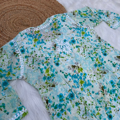 Nura Pure Mulmul Cotton Short Kurti - Sea Green Colour - Chikankaar