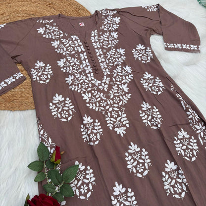 Ameena Soft Rayon Chikankari Kurti - Brown Colour
