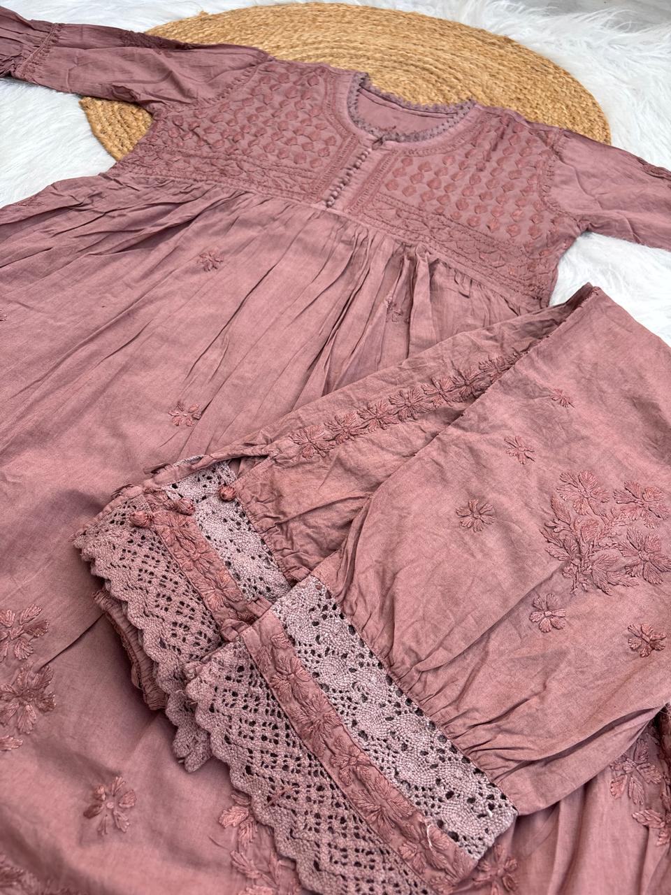 Laila Dobby Cotton Frock Style Short Kurti with Afghani Pant - Brown Color