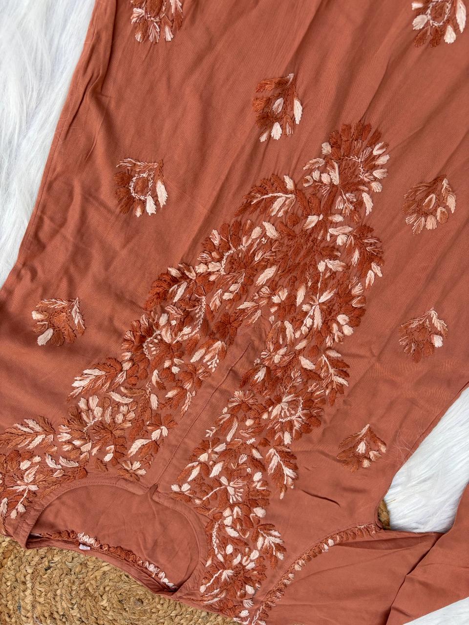 Roohi Rayon Tone To Tone Lucknowi Handwork Chikankari Kurti - Brown Color