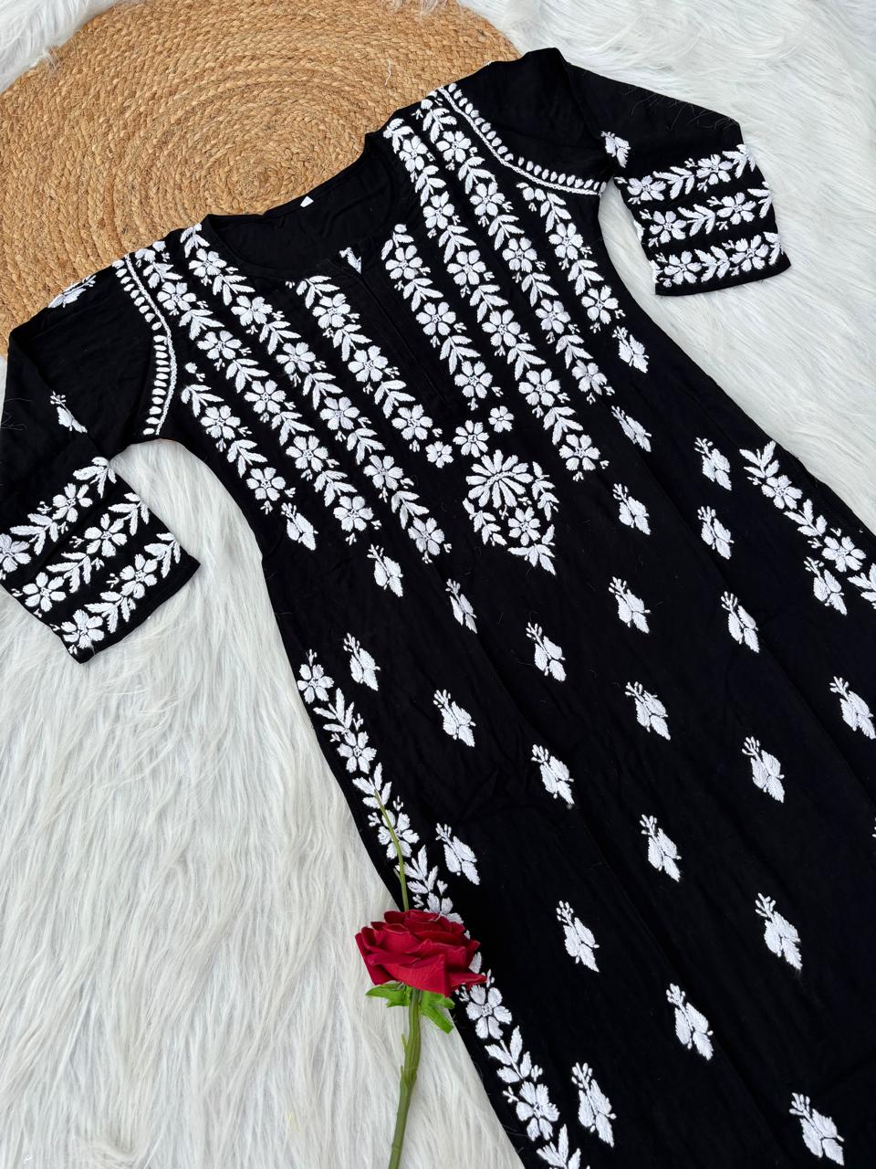 Zoobia Soft Rayon Handwork Chikankari Kurti - Black Colour