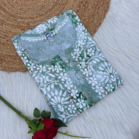Fawziya Pure Mulmul Chikankari  Handwork Kurti - Dark Green Colour