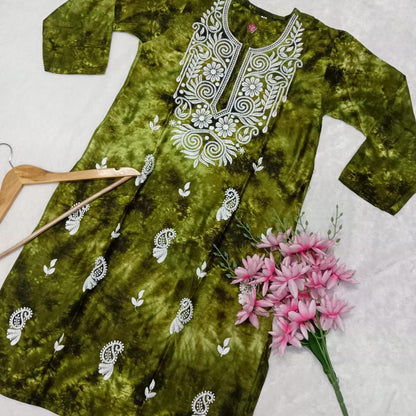 Rayon Tie & Dye Chikankari Machine Work Kurti- Parrot Green Colour